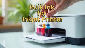 Hand refilling an ink tank of an inkjet printer with colorful bulk ink bottles on a clean white desk