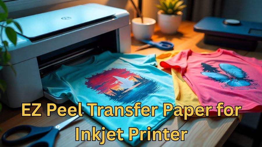 Home crafting setup with an inkjet printer, colorful t-shirts, easy-peel transfer papers, and a heat press for DIY printing projects.