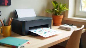 A modern inkjet printer on a study desk printing colorful worksheets and planners with school supplies around it.