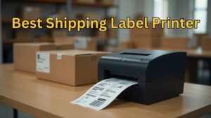 Thermal shipping label printer printing a 4x6 label on a clean workspace with stacked packages