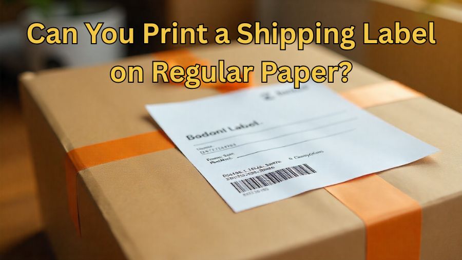 Shipping label printed on plain white paper, taped neatly on a cardboard box, ready for mailing