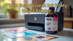 Home inkjet printer with TECO eco-solvent ink bottle and colorful vinyl prints on table