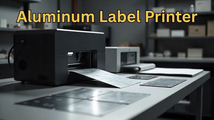 Aluminum label printer creating durable metal tags in a modern industrial workspace