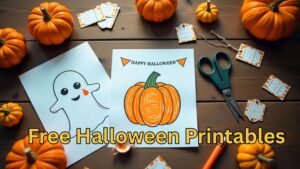 A top-down photo of various free Halloween printables, including a cut-out paper ghost, a half-colored pumpkin coloring page, a Happy Halloween banner, and gift tags, arranged with scissors and small pumpkins on a wooden table.
