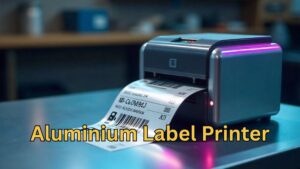 A modern industrial aluminium label printer sitting on a workshop bench next to several freshly printed, silver metal asset tags.