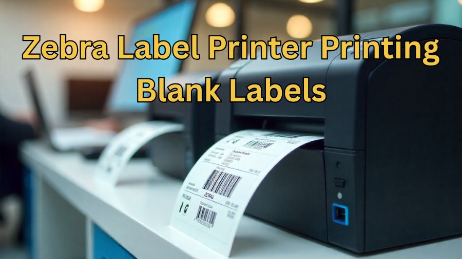 Zebra label printer printing labels with a clear view of the printhead and label roll in a clean workspace.